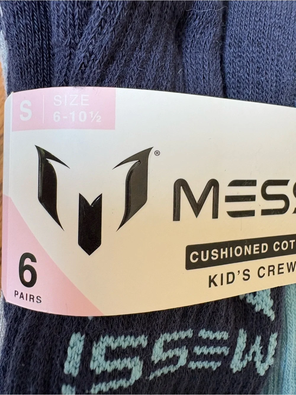 NWT Kids Messi Cushioned Cotton Crew Socks - Navy & Light Blue (6 Pairs)